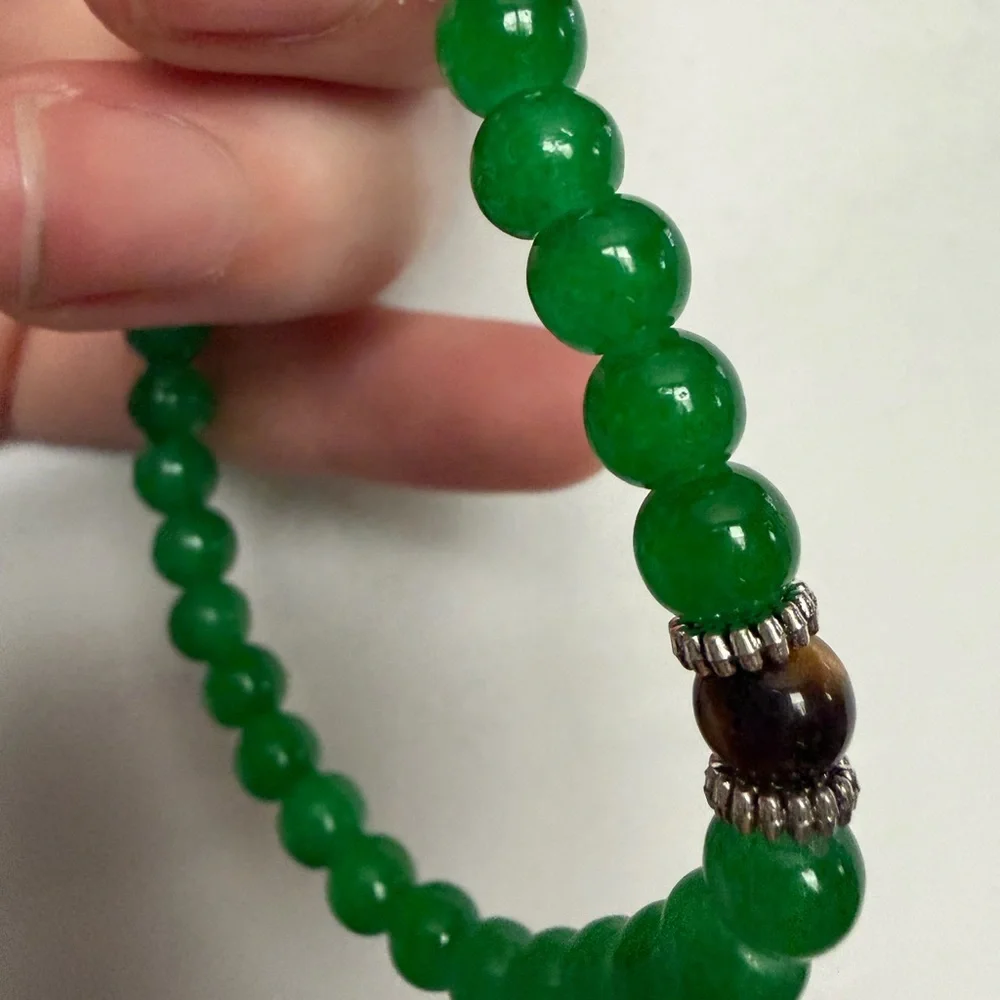 Jade / Tiger’s Eye Beaded Stretchy Bracelet with silver accents